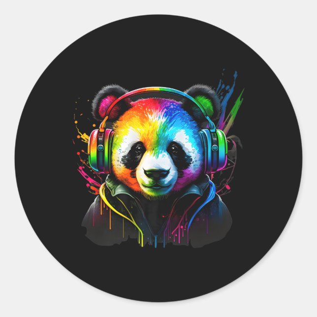 Adesivo Redondo Fones de ouvido Rainbow Dj Panda Música (Frente)