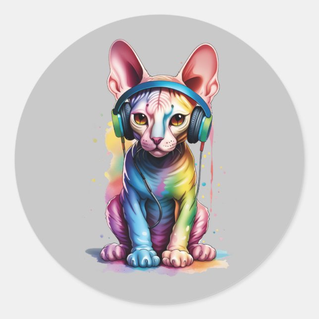 Adesivo Redondo Fones de ouvido Rainbow Sphynx Cat (Frente)