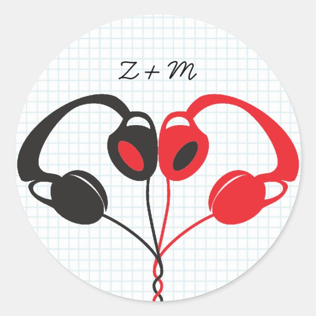 Adesivo Redondo Fones de ouvido Retro Indie Coração Vermelho e Pre (Frente)