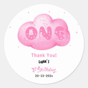 Adesivo Redondo Fonte de Gato Fofo Nuvem Rosa Aquarela 1º Aniversá