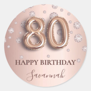 Adesivo Redondo fonte do balão de diamantes cor-de-rosa 80 de ani