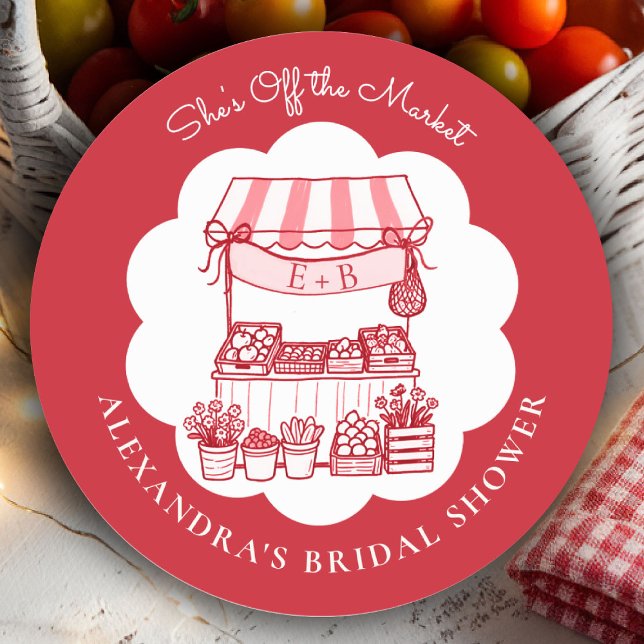 Adesivo Redondo Fora do Mercado Agricultores Vermelho Moderno Chuv (shes off the market bridal shower sticker red farmer stand hand drawn rustic chic outdoors picnic)