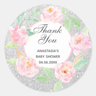 Adesivo Redondo Fora Floral De Prata E Rosa Obrigado Chá de frald