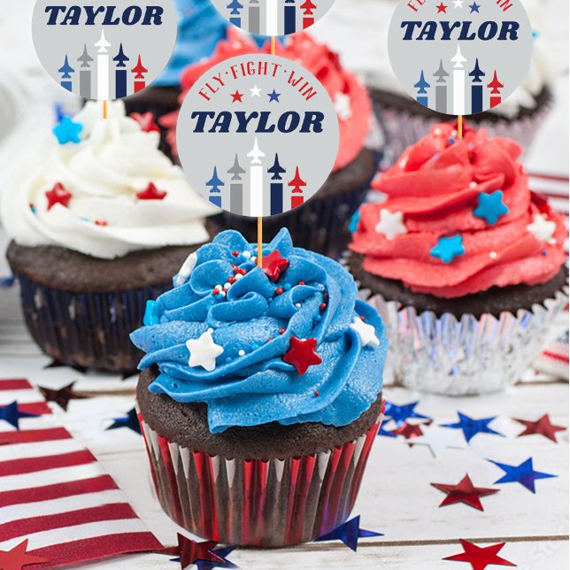 Adesivo Redondo Força Aérea Militar Indo Festa Cupcake (Air Force Airman Name fighter jet Sticker for DIY cupcake picks, patriotic military going away party)