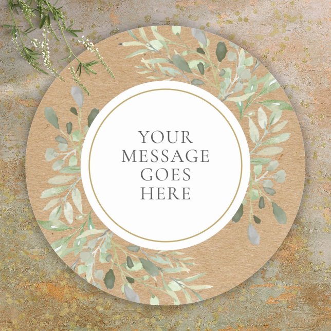 Adesivo Redondo Força Rústica Aguarela Verde (Rustic Kraft Watercolor Greenery Classic Round Sticker)