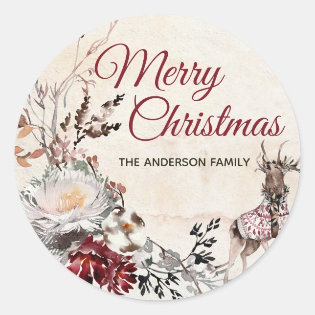 Adesivo Redondo Forest Deer Feliz Natal com Nome (Frente)
