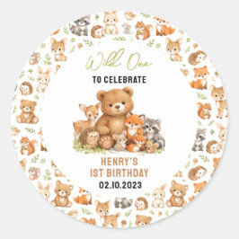Adesivo Redondo Forest Woodland Animals Wild One 1st Birthday