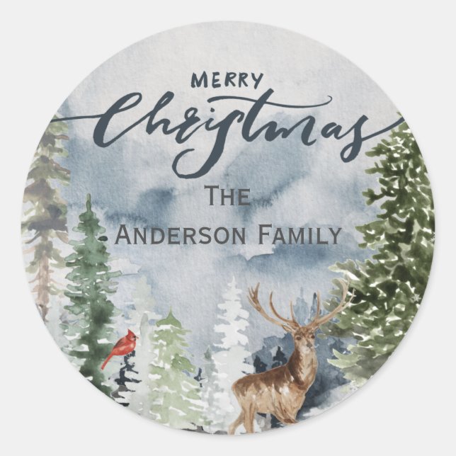 Adesivo Redondo Forest Woodland Merry Christmas Family Name (Frente)
