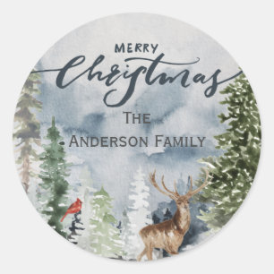 Adesivo Redondo Forest Woodland Merry Christmas Family Name