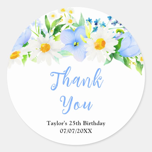 Adesivo Redondo Forget-Me-Nots Floral Birthday Party Thank You (Frente)