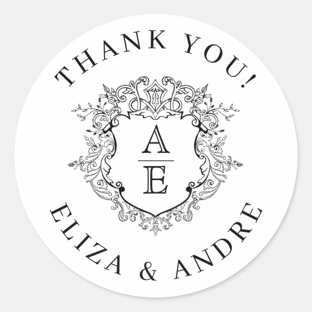 Adesivo Redondo Formal Floral Crest Monograma Casamento (Frente)