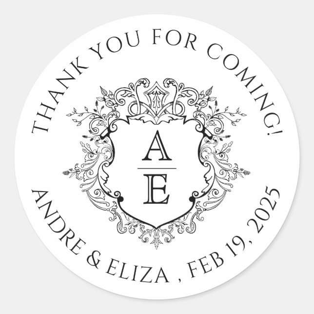 Adesivo Redondo Formal Floral Crest Monograma Casamento (Frente)
