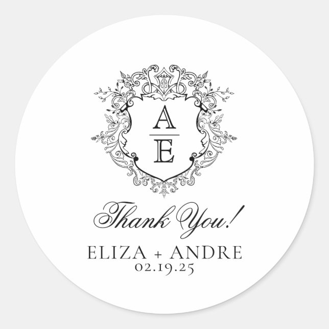Adesivo Redondo Formal Floral Crest Monograma Casamento (Frente)