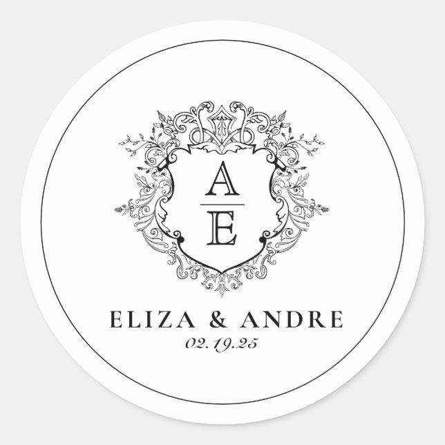 Adesivo Redondo Formal Floral Crest Monograma Casamento (Frente)