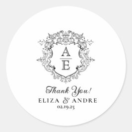 Adesivo Redondo Formal Floral Crest Monograma Casamento Obrigado