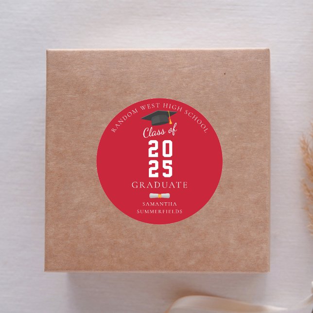 Adesivo Redondo Formando 2025 Festa de formatura vermelha e branca (Graduation 2025 Photo Red and White Modern Grad Round Sticker)