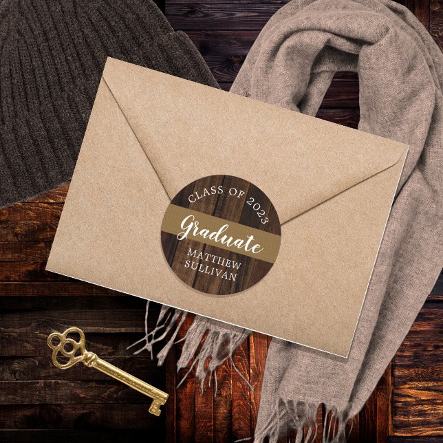 Adesivo Redondo Formando de madeira robusta Classe 2023 | Nome (Criador carregado)