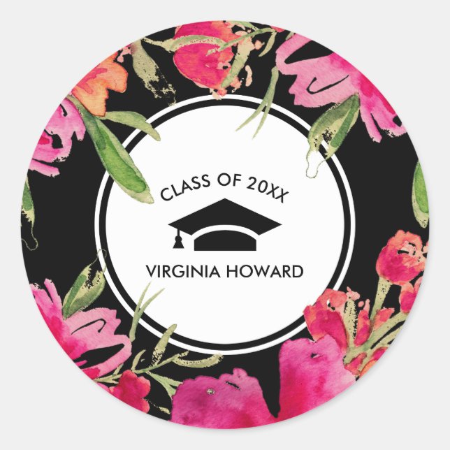 Adesivo Redondo Formatação Floral Preta Fuchsia (Frente)