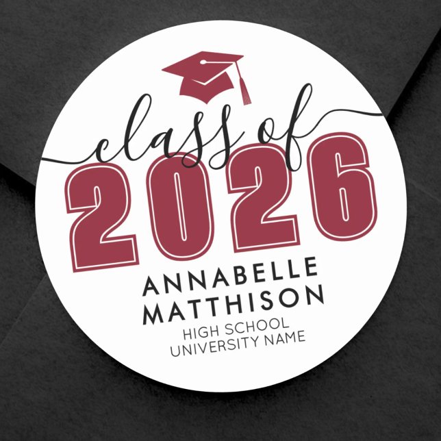 Adesivo Redondo Formatura Vermelha (Graduate Black White Graduation Classic Round Sticker)