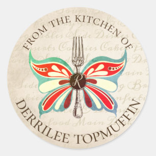 Adesivo Redondo Forquilha da borboleta do vintage da cozinha da