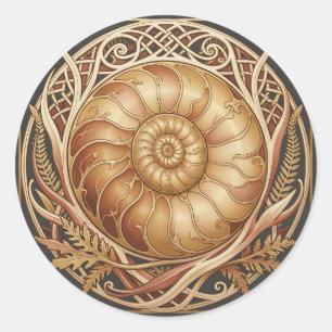 Adesivo Redondo Fóssil de Ammonite Dourado Moldura Celta Padrão Or