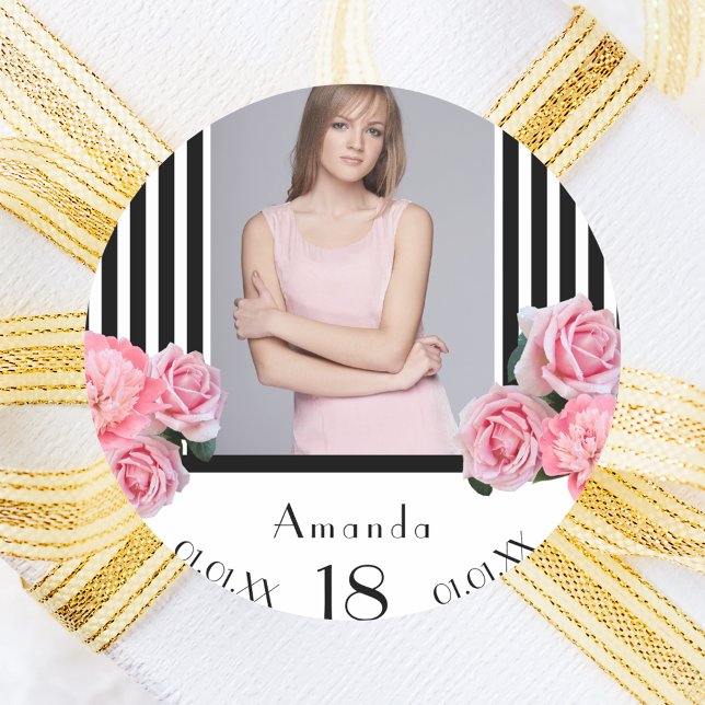 Adesivo Redondo Foto: aniversário de 18 anos, Black White stripes  (Criador carregado)