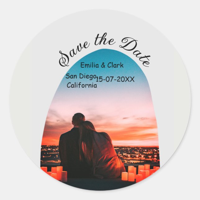 Adesivo Redondo foto arco cinza boho salvar data QR moderno (Frente)