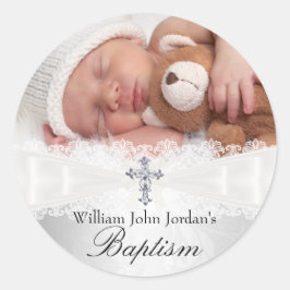 Adesivo Redondo Foto Baptism White Silver Cross Sticker