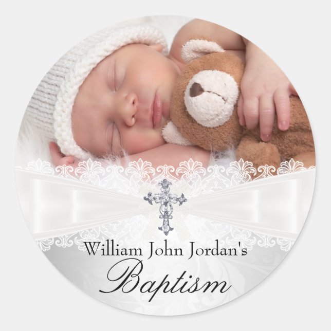 Adesivo Redondo Foto Baptism White Silver Cross Sticker (Frente)