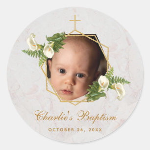Adesivo Redondo Foto batismo Pala Floral Lily Marble Dourado