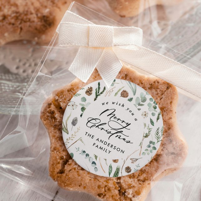 Adesivo Redondo Foto botânica mínima elegante de Natal natural (Criador carregado)