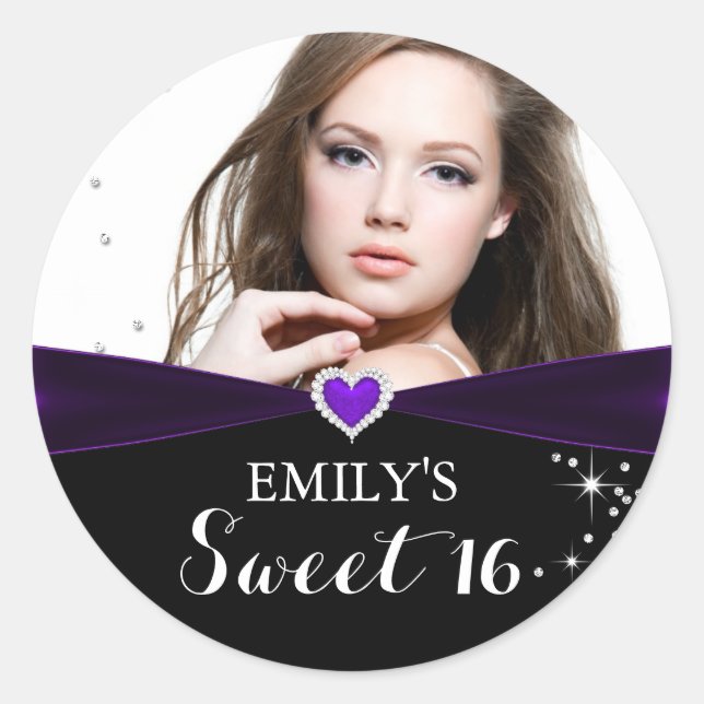 Adesivo Redondo Foto Cardíaca Purple Sparkle Doce Dezesseis Adesiv (Frente)