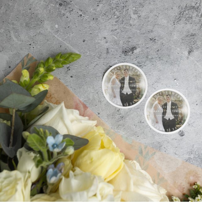 Adesivo Redondo Foto Confetti do Ouro de Casamento Personalizado (Custom Wedding Thanks Golden Confetti Photo Classic Round Sticker)