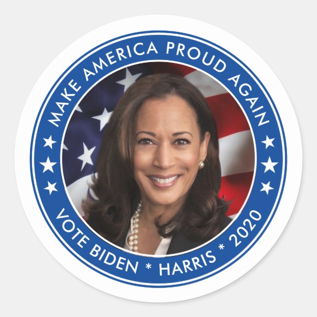 Adesivo Redondo Foto da Campanha Azul Eleitoral Kamala Harris 2020 (Frente)