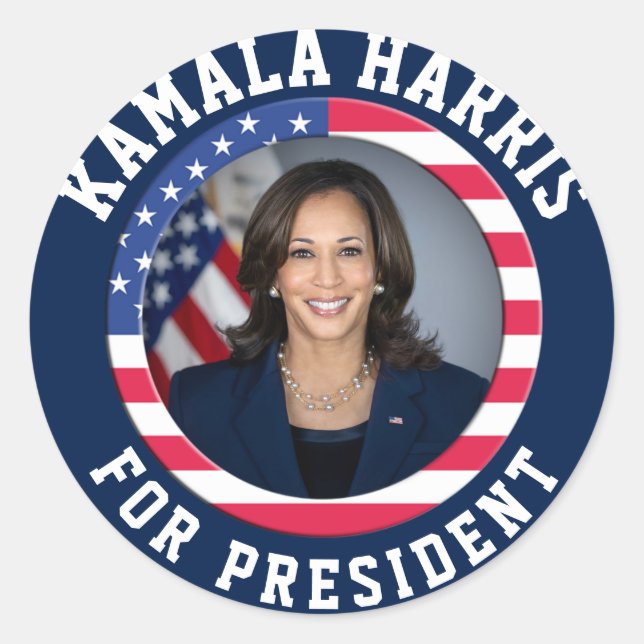 Adesivo Redondo Foto da Campanha Kamala Harris (Frente)