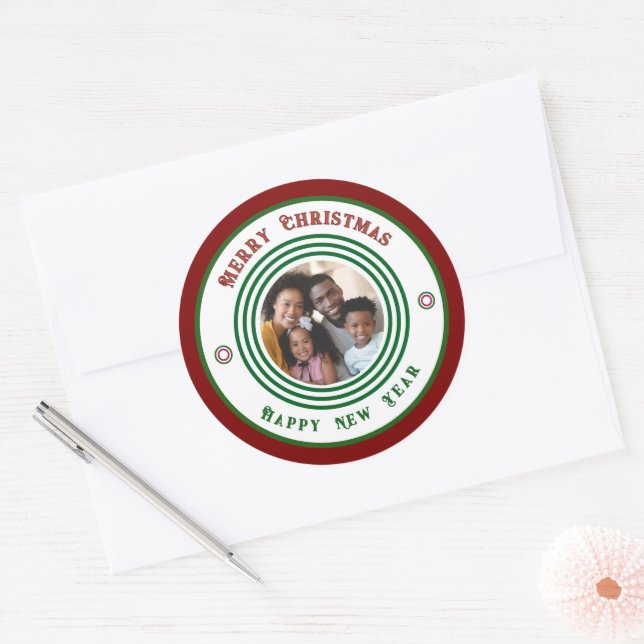 Adesivo Redondo Foto da família Feliz Natal Ano Novo Personalizar (Envelope)