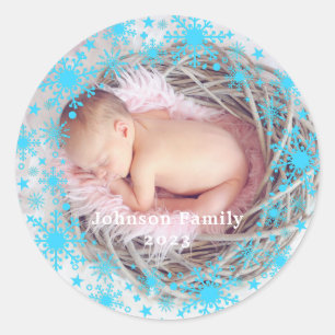 Adesivo Redondo Foto da Primeira Menina de Natal Floco de Neve