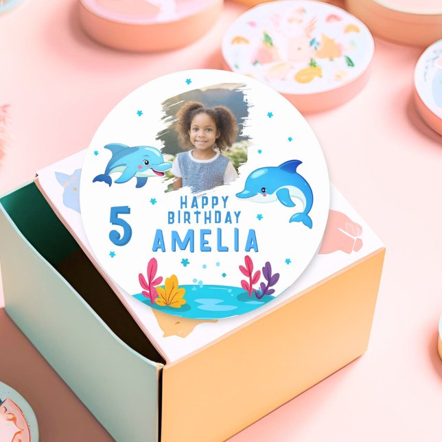 Adesivo Redondo Foto de Aniversário de Animais do Mar de Golfinho (Criador carregado)
