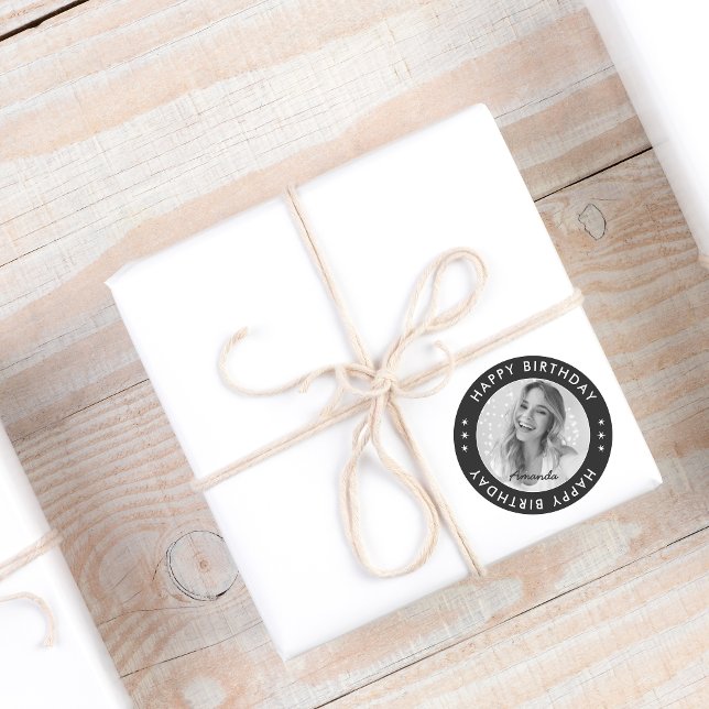 Adesivo Redondo Foto de Aniversário Feliz Clássico Moderno Negro (Black Modern Simple Classic Happy Birthday Photo Classic Round Sticker)
