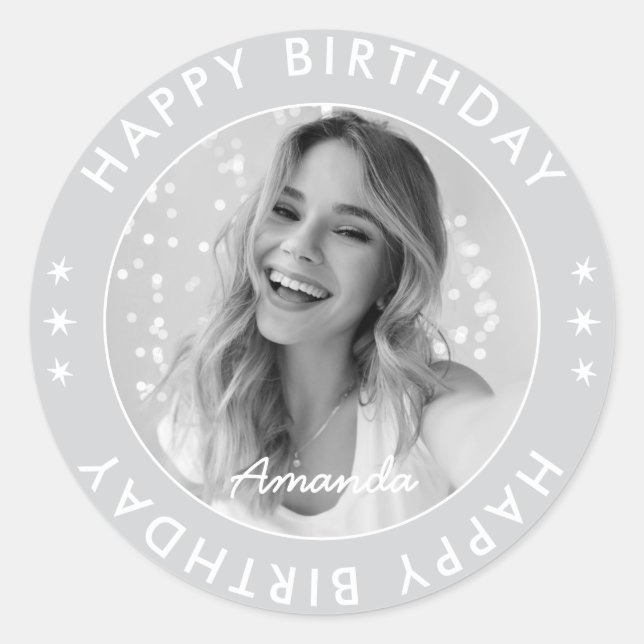 Adesivo Redondo Foto de aniversário feliz de Cinzas simples e mini (Frente)
