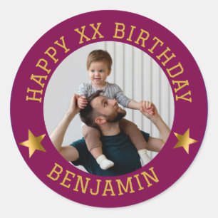 Adesivo Redondo Foto de aniversário feliz e Dourada personalizada 