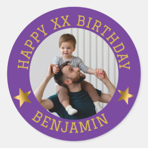 Adesivo Redondo Foto de aniversário feliz e Dourada personalizada 