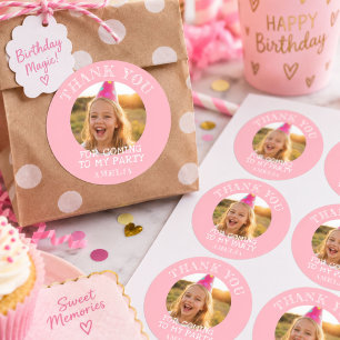 Adesivo Redondo Foto de aniversário Menina Obrigada Rosa