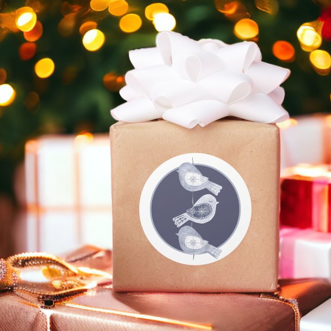 Adesivo Redondo Foto de Aves Azuis do Natal Nórdico (Nordic Christmas Blue Birds Photo Classic Round Stickers from Ricaso)