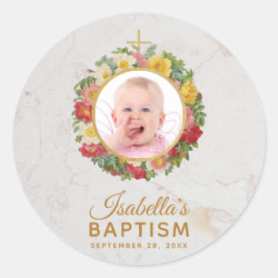 Adesivo Redondo Foto de Batismo de Menina em Coroa de Rosas com Le