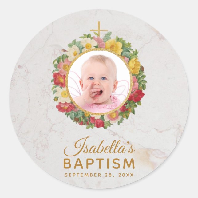 Adesivo Redondo Foto de Batismo de Menina em Coroa de Rosas com Le (Frente)