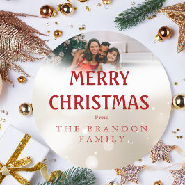 Adesivo Redondo Foto de Família Personalizada de Natal com Azevinh