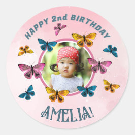 Adesivo Redondo Foto de Festa de aniversário de borboleta rosa-bra