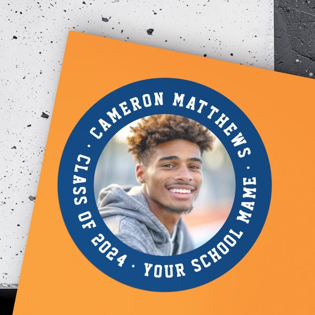 Adesivo Redondo Foto de formatura de estudante moderna azul escuro (Student graduation photo modern dark blue classic round sticker)