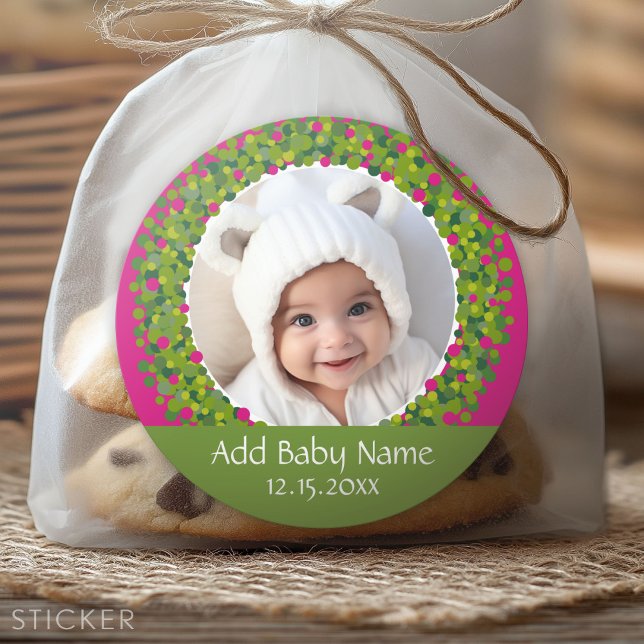 Adesivo Redondo Foto de Foto em Wreath de Natal Moderno PINK (Custom Sticker)